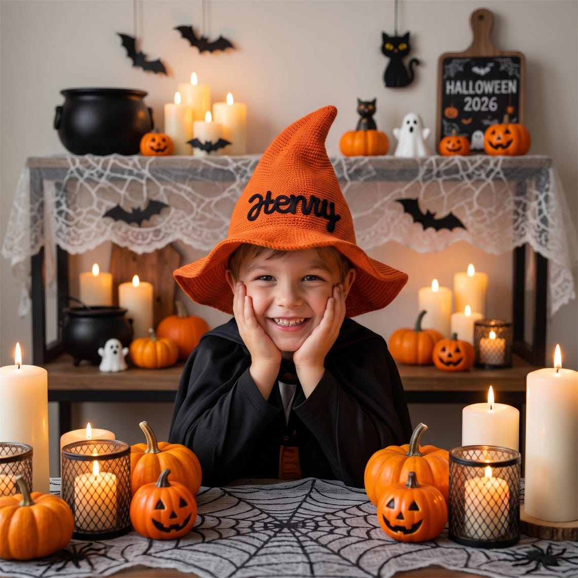 Personalized Kids Witch Hat, Custom Embroidered Name Knitted Halloween Costume, Trick or Treat Party Accessory