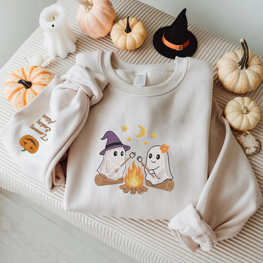 Halloween Personalized Embroidered Ghost Campfire Crew Cute Hoodie Sweatshirt T-Shirt