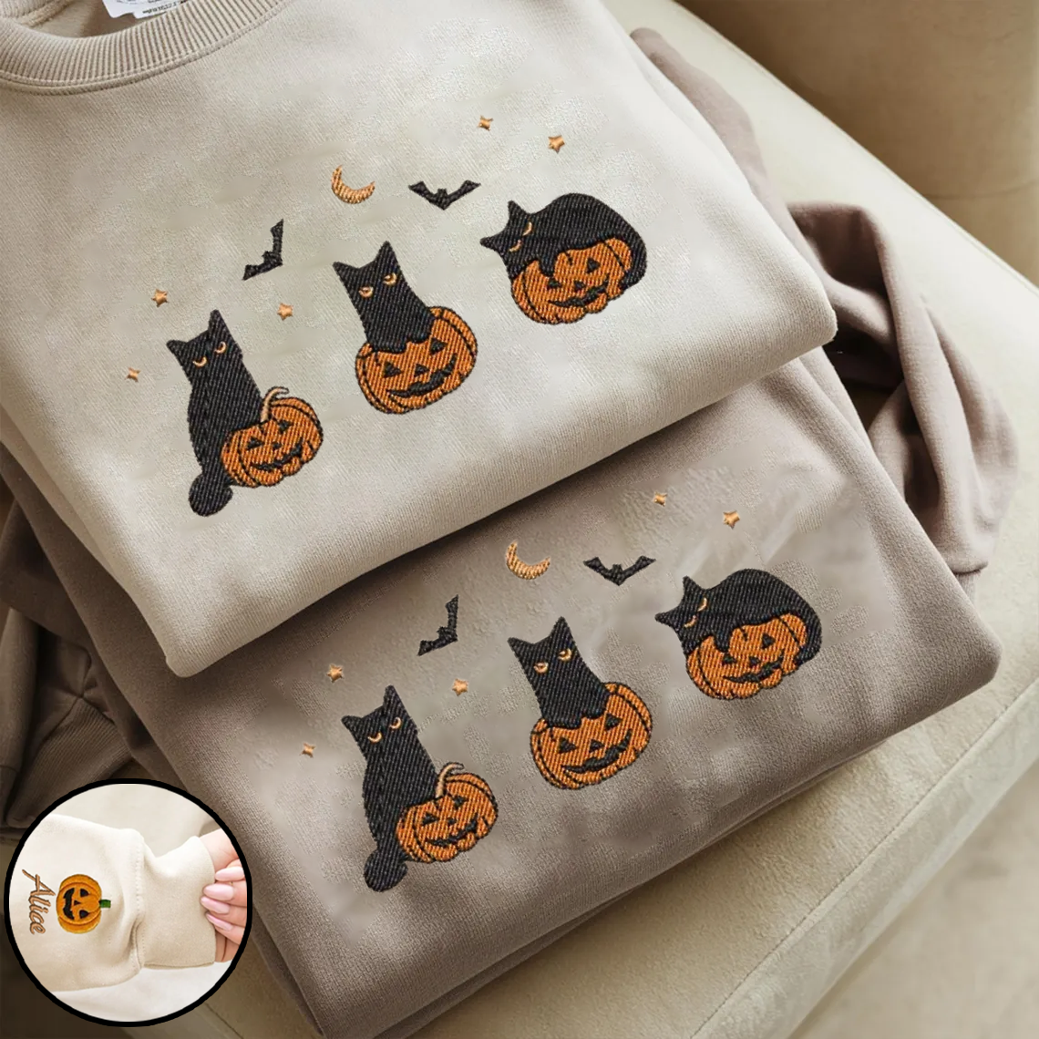 Halloween Personalized Embroidered Black Cats Hoodie Sweatshirt T-Shirt