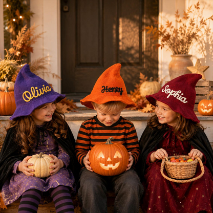 Personalized Kids Witch Hat, Custom Embroidered Name Knitted Halloween Costume, Trick or Treat Party Accessory
