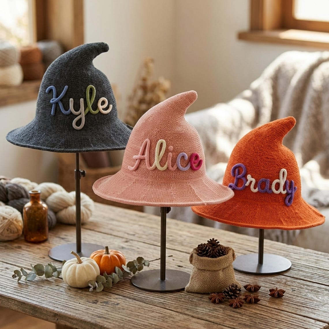 Personalized Kids Witch Hat, Custom Embroidered Name Knitted Halloween Costume, Trick or Treat Party Accessory