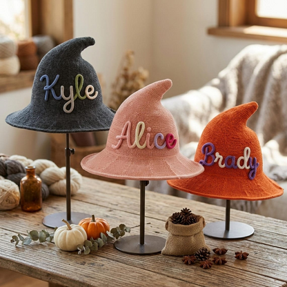 Personalized Kids Witch Hat, Custom Embroidered Name Knitted Halloween Costume, Trick or Treat Party Accessory