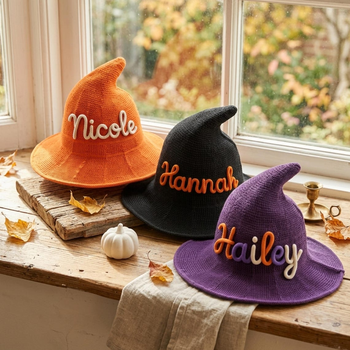 Personalized Kids Witch Hat, Custom Embroidered Name Knitted Halloween Costume, Trick or Treat Party Accessory