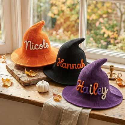 Personalized Kids Witch Hat, Custom Embroidered Name Knitted Halloween Costume, Trick or Treat Party Accessory