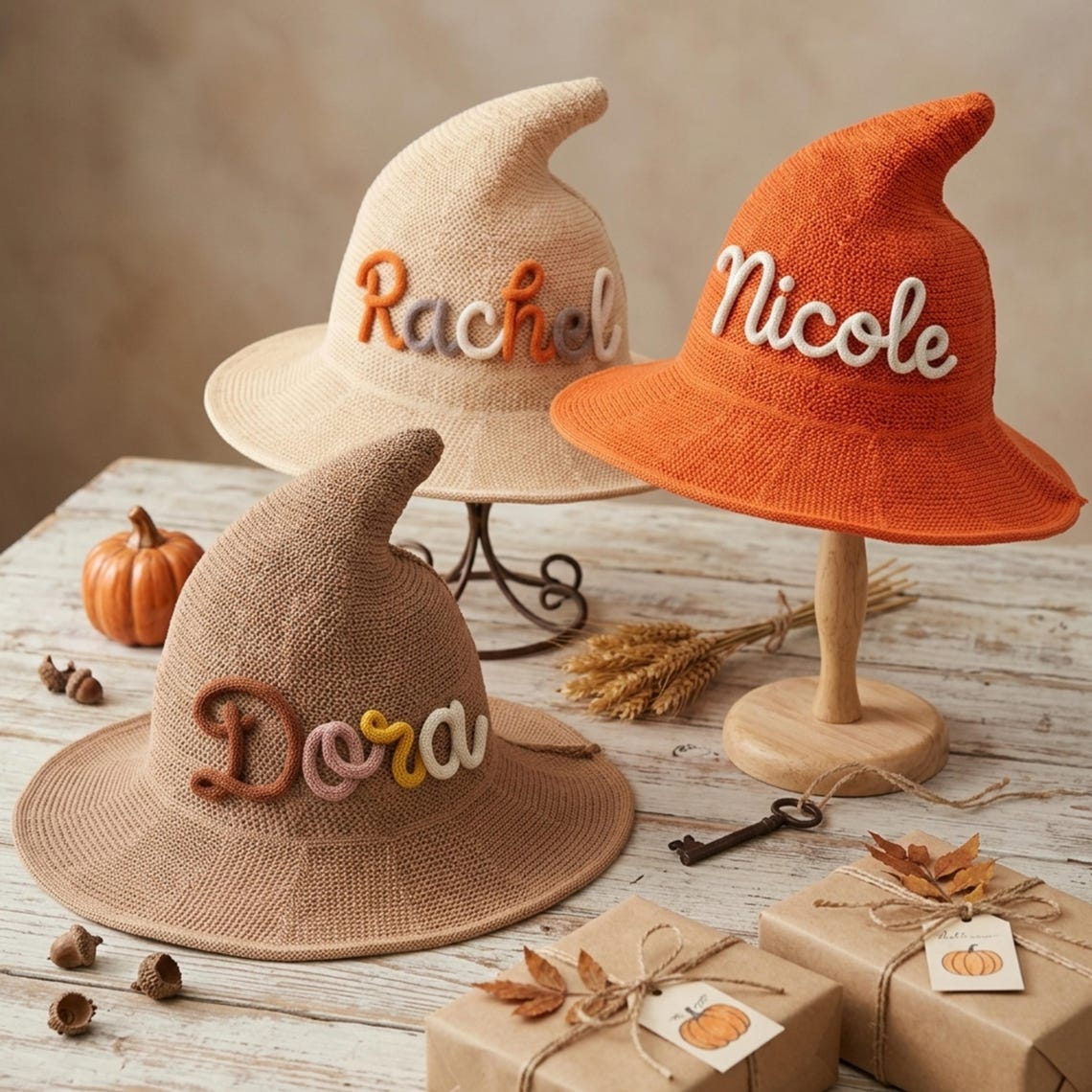 Personalized Kids Witch Hat, Custom Embroidered Name Knitted Halloween Costume, Trick or Treat Party Accessory