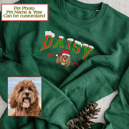 Personalized Embroidered Pet Dog Cat Christmas Photo Name Year Hoodie Sweatshirt T-Shirt