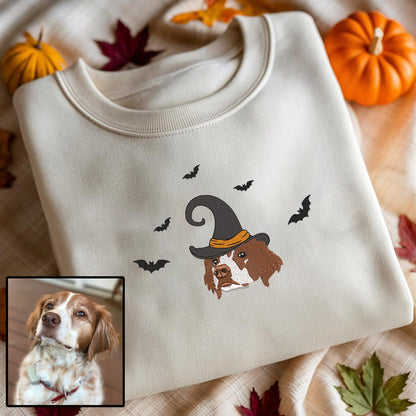 Halloween Personalized Embroidered Pet Dog Cat With Witch Hat Hoodie Sweatshirt T-Shirt
