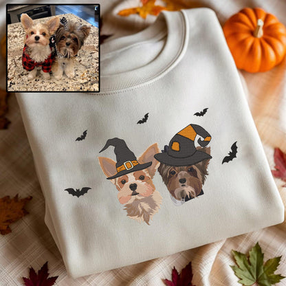 Halloween Personalized Embroidered Pet Dog Cat With Witch Hat Hoodie Sweatshirt T-Shirt