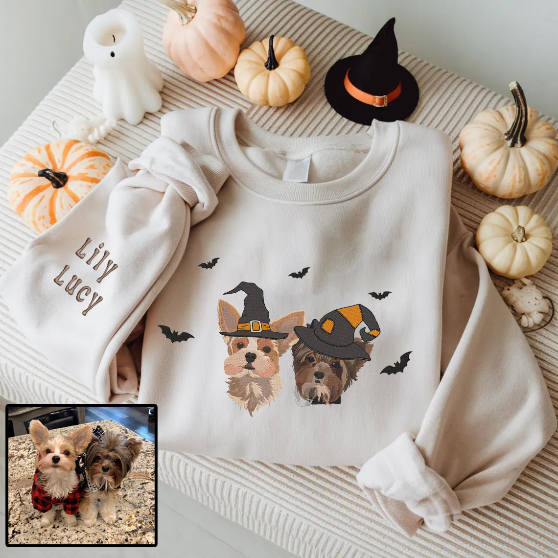 Halloween Personalized Embroidered Pet Dog Cat With Witch Hat Hoodie Sweatshirt T-Shirt