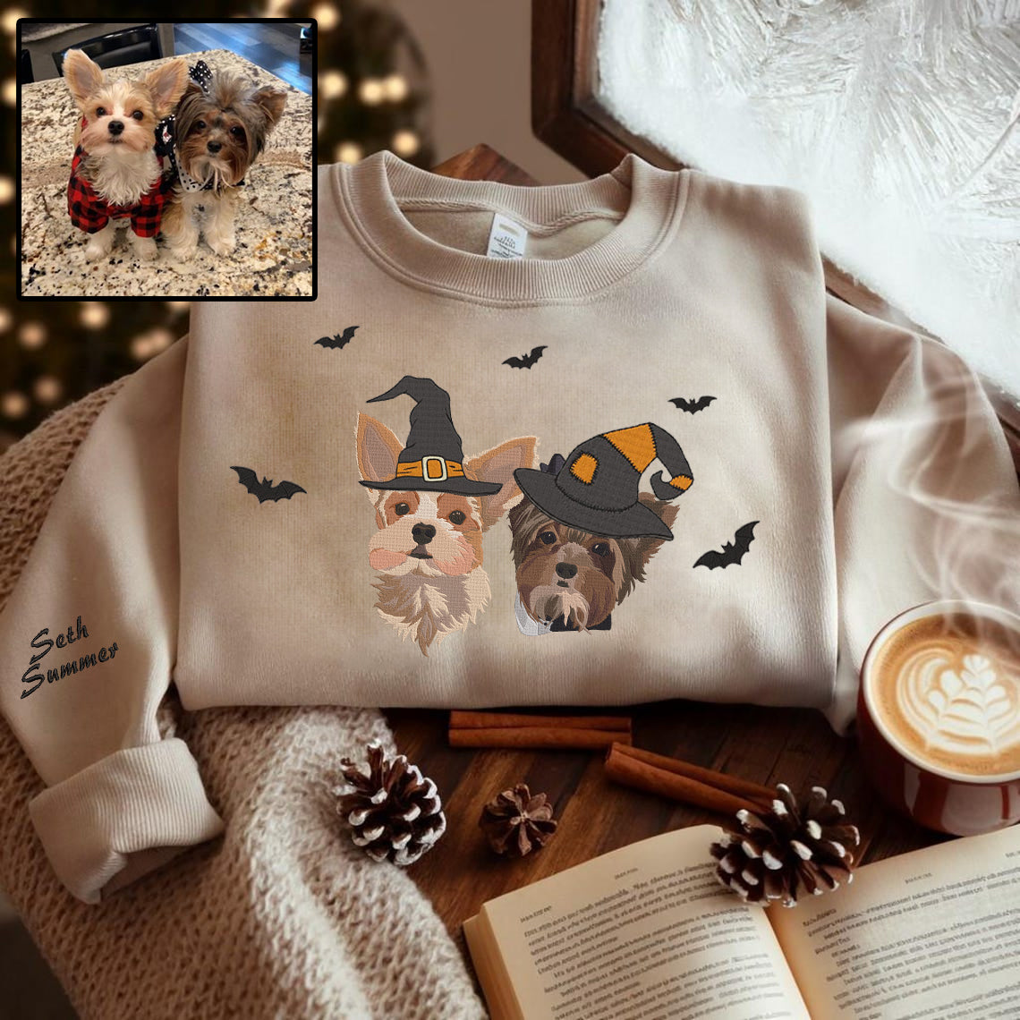 Halloween Personalized Embroidered Pet Dog Cat With Witch Hat Hoodie Sweatshirt T-Shirt