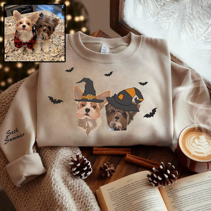 Halloween Personalized Embroidered Pet Dog Cat With Witch Hat Hoodie Sweatshirt T-Shirt