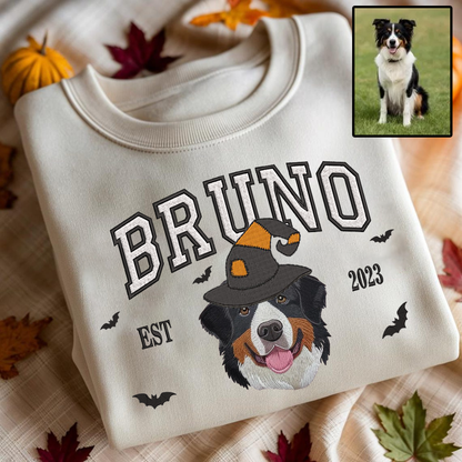 Halloween Personalized Embroidered Pet Dog Cat With Witch Hat Hoodie Sweatshirt T-Shirt