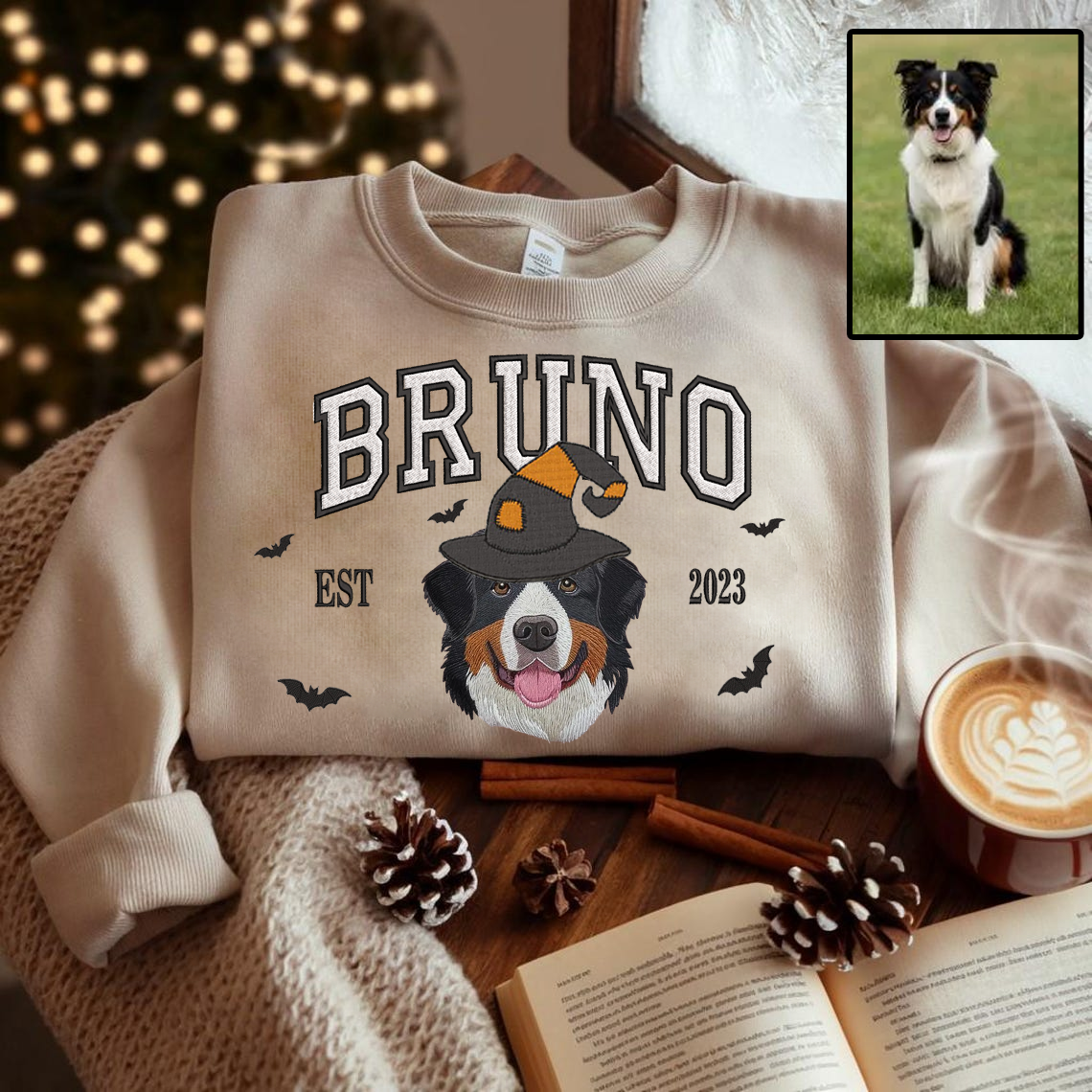 Halloween Personalized Embroidered Pet Dog Cat With Witch Hat Hoodie Sweatshirt T-Shirt