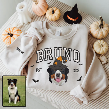 Halloween Personalized Embroidered Pet Dog Cat With Witch Hat Hoodie Sweatshirt T-Shirt