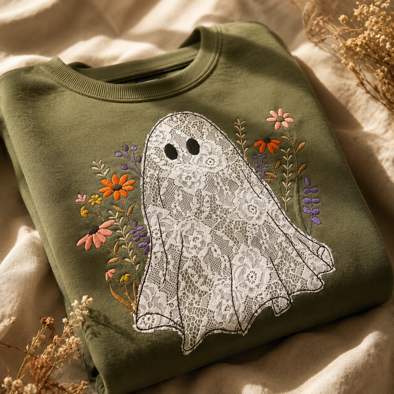 Cozy Autumn Ghost Sweatshirt with Lace and Flowers, Cute Halloween Embroidered Pullover