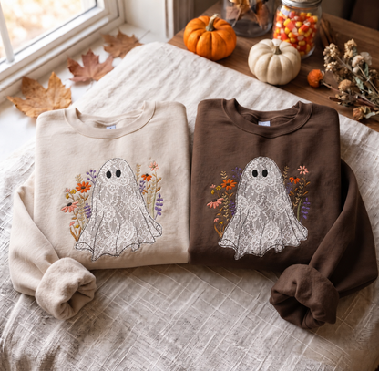 Cozy Autumn Ghost Sweatshirt with Lace and Flowers, Cute Halloween Embroidered Pullover