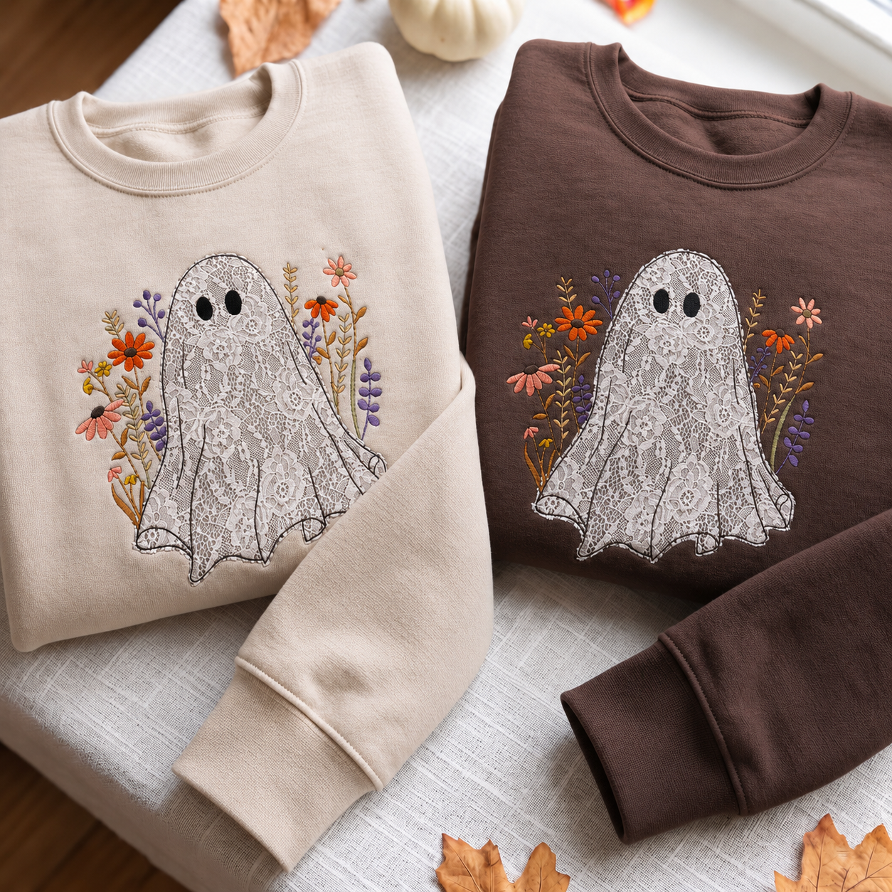 Cozy Autumn Ghost Sweatshirt with Lace and Flowers, Cute Halloween Embroidered Pullover