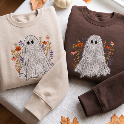 Cozy Autumn Ghost Sweatshirt with Lace and Flowers, Cute Halloween Embroidered Pullover