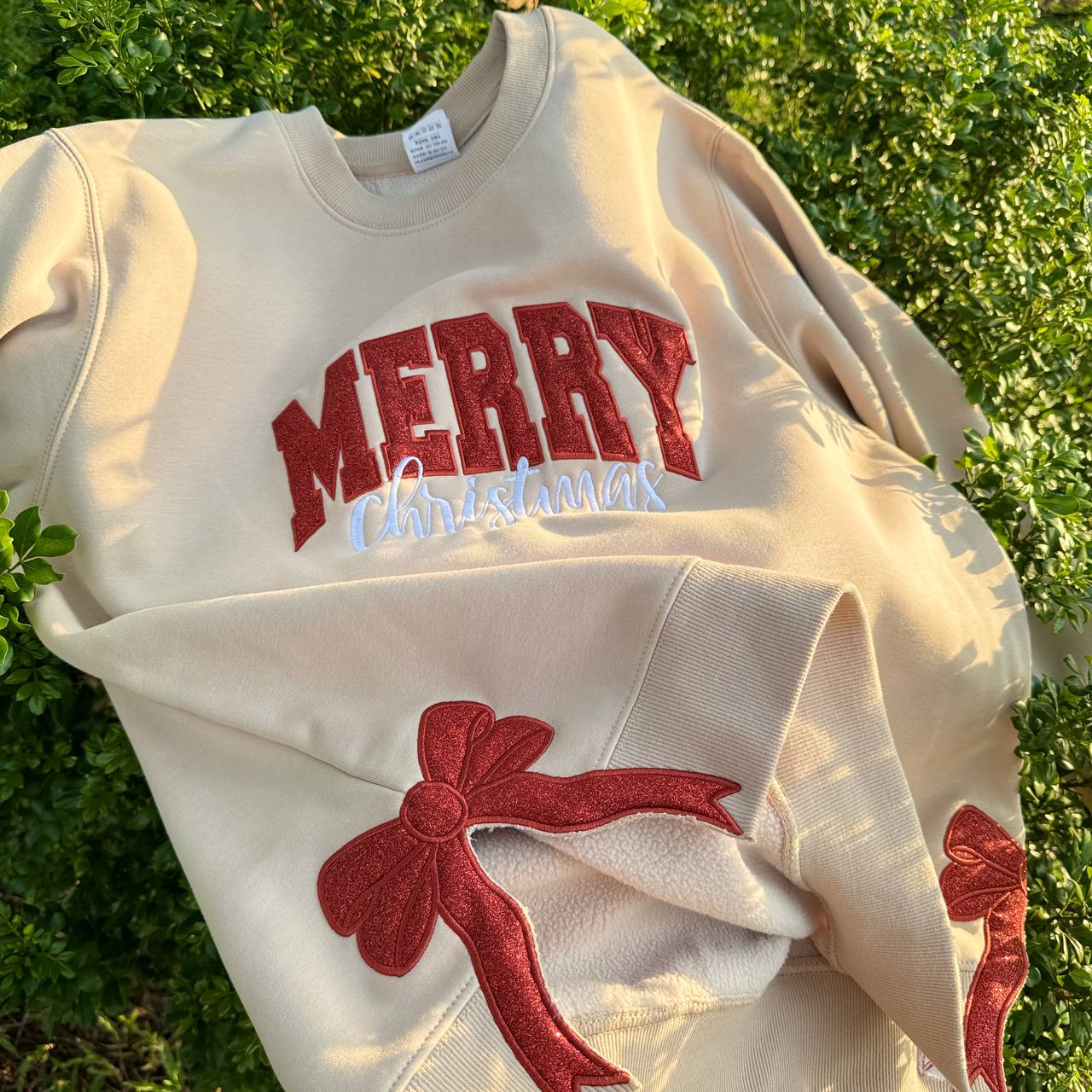 Christmas Embroidered Merry Christmas Glitter Bow Hoodie Sweatshirt T-Shirt