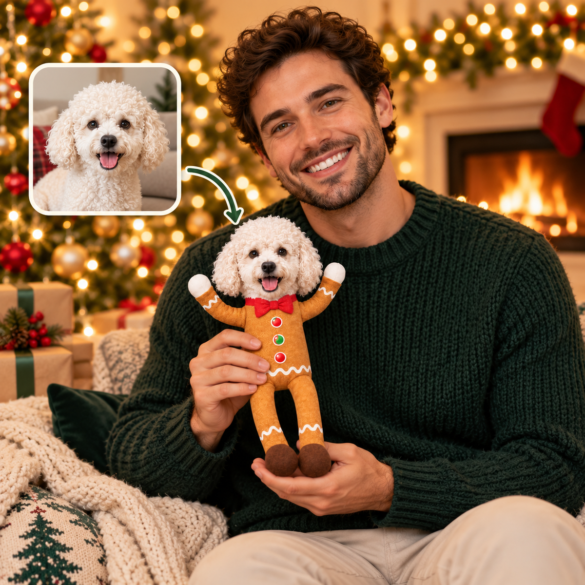 Personalized Pet Face Christmas Poseable Plush Doll – Custom Dog & Cat Photo Gift