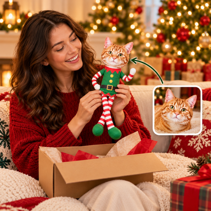 Personalized Pet Face Christmas Poseable Plush Doll – Custom Dog & Cat Photo Gift