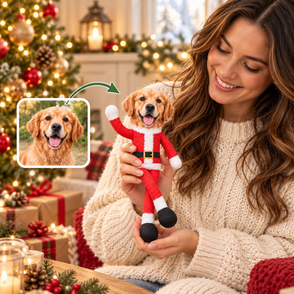 Personalized Pet Face Christmas Poseable Plush Doll – Custom Dog & Cat Photo Gift