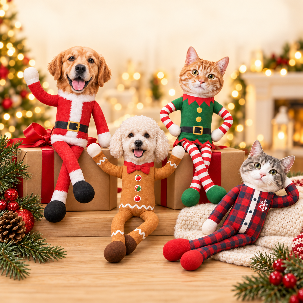 Personalized Pet Face Christmas Poseable Plush Doll – Custom Dog & Cat Photo Gift