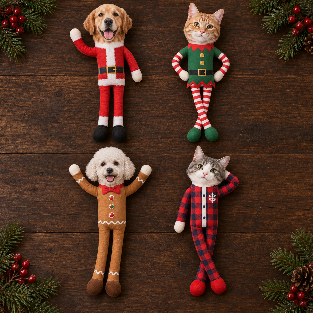 Personalized Pet Face Christmas Poseable Plush Doll – Custom Dog & Cat Photo Gift