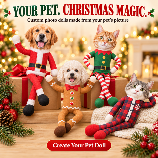 Personalized Pet Face Christmas Poseable Plush Doll – Custom Dog & Cat Photo Gift