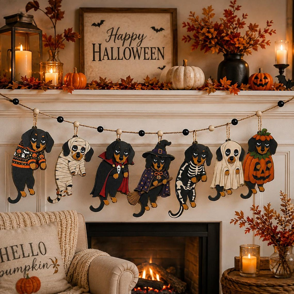 Halloween Personalized Cute Face All Dog Breed Wooden Garland