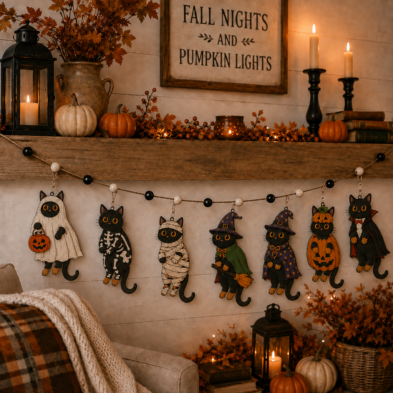 Halloween Personalized Cute Black Cats Wooden Garland
