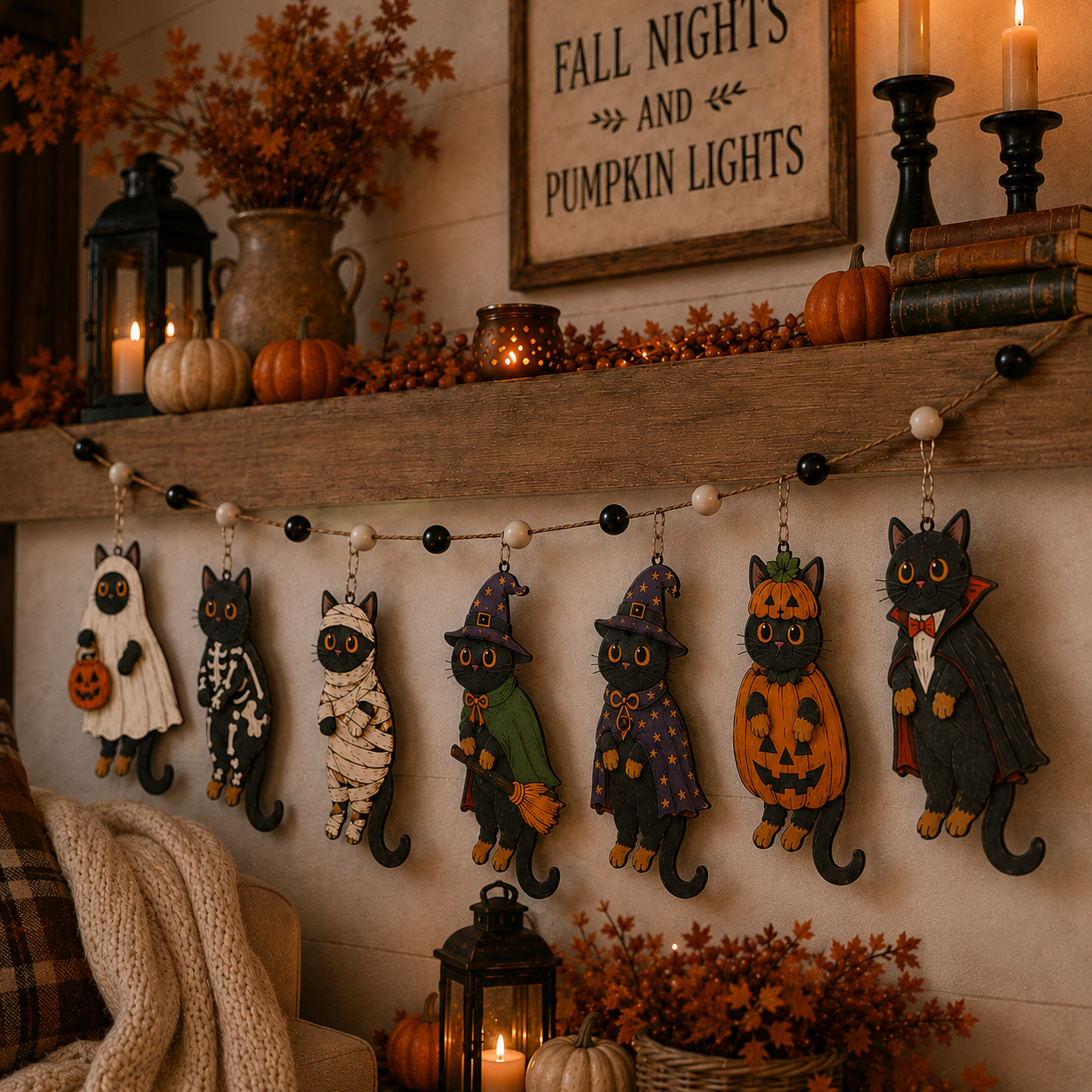 Halloween Personalized Cute Black Cats Wooden Garland