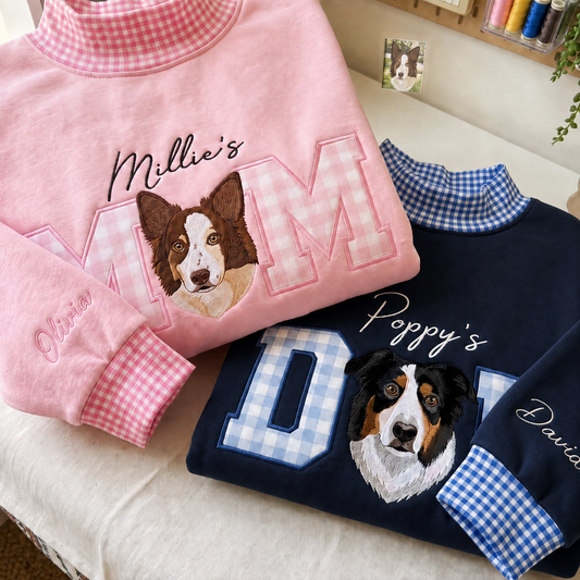 Embroidered Custom Pet Portrait Mom & Dad Gingham Mock Neck Sweatshirt