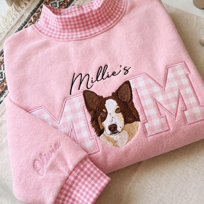 Embroidered Custom Pet Portrait Mom & Dad Gingham Mock Neck Sweatshirt