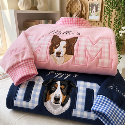 Embroidered Custom Pet Portrait Mom & Dad Gingham Mock Neck Sweatshirt