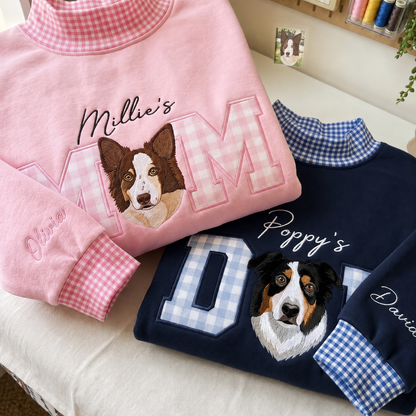 Embroidered Custom Pet Portrait Mom & Dad Gingham Mock Neck Sweatshirt