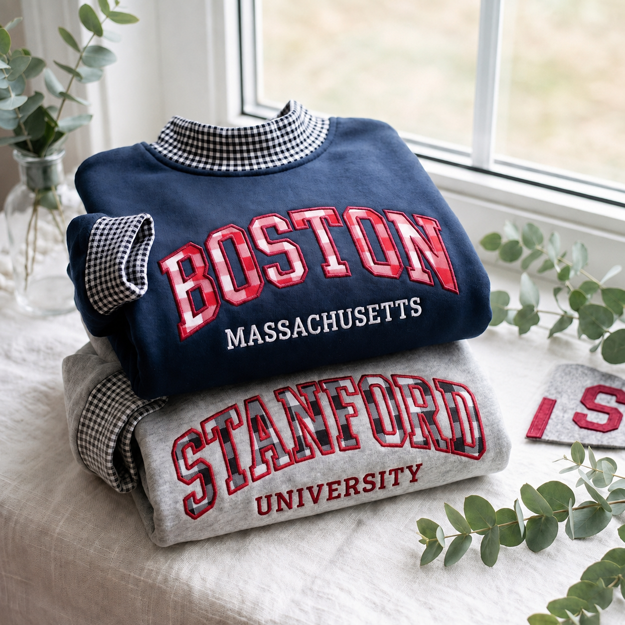 Embroidered Custom Gingham Mock Neck Sweatshirt, Personalized University Name Applique Crewneck