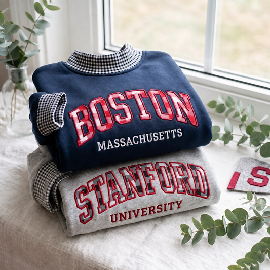Embroidered Custom Gingham Mock Neck Sweatshirt, Personalized University Name Applique Crewneck