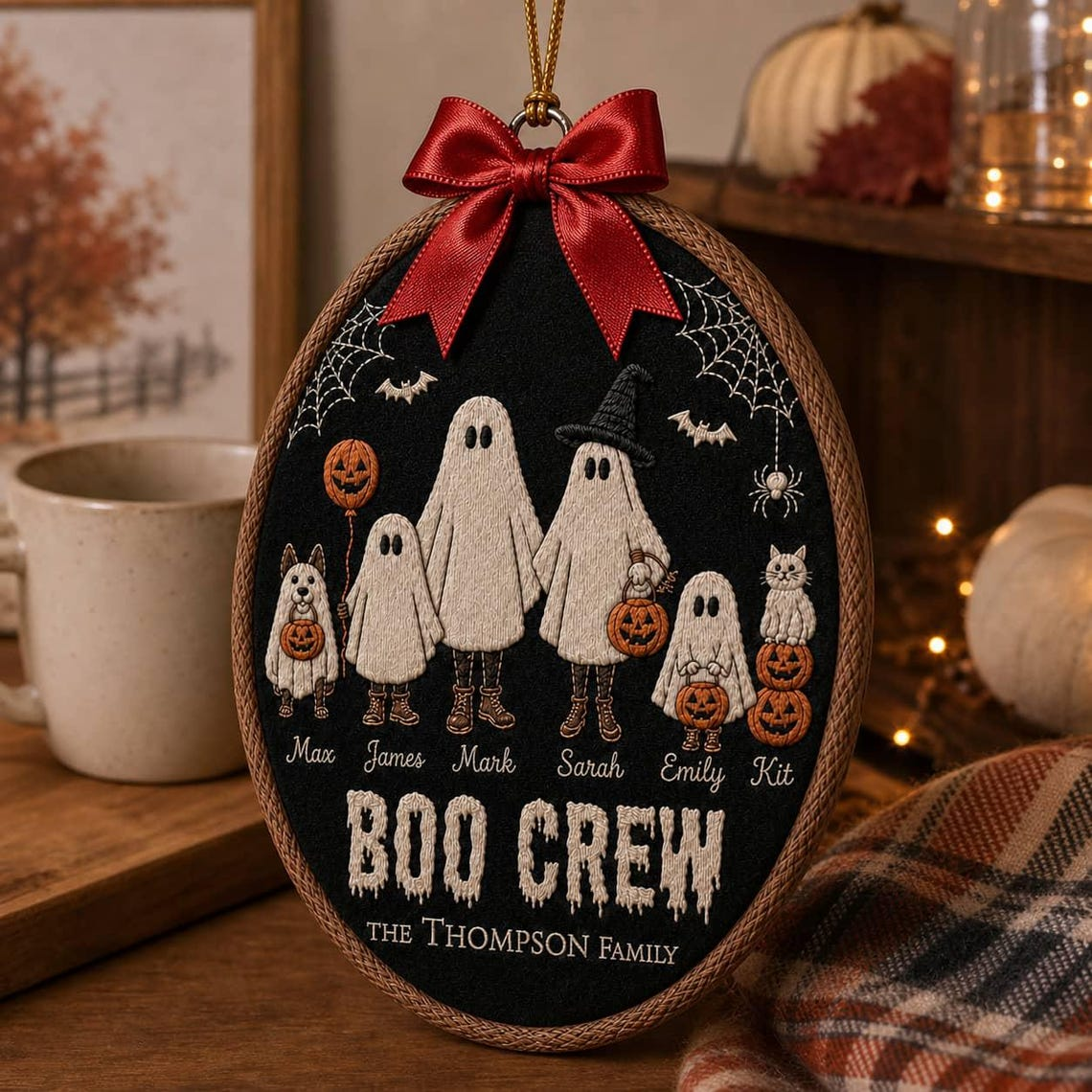 Personalized Embroidery Hoop Ornament Halloween Ghost Family Spooky Wall Decor