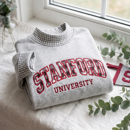 Embroidered Custom Gingham Mock Neck Sweatshirt, Personalized University Name Applique Crewneck