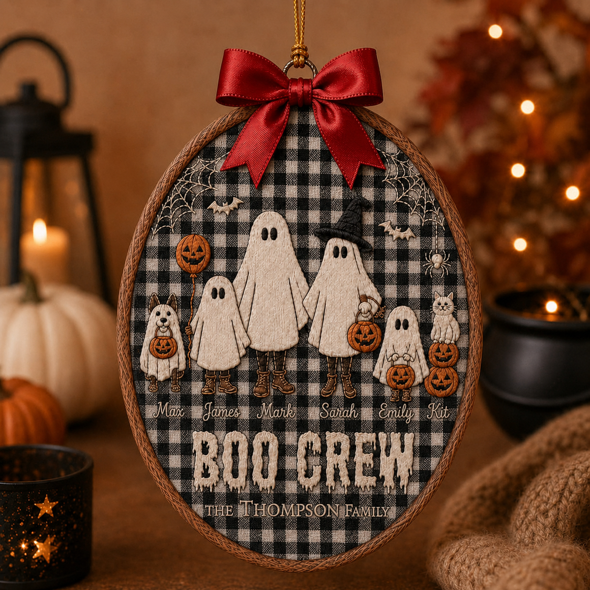 Personalized Embroidery Hoop Ornament Halloween Ghost Family Spooky Wall Decor