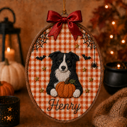 Personalized Embroidery Pet Photo Hoop Ornament Halloween Spooky Wall Decor