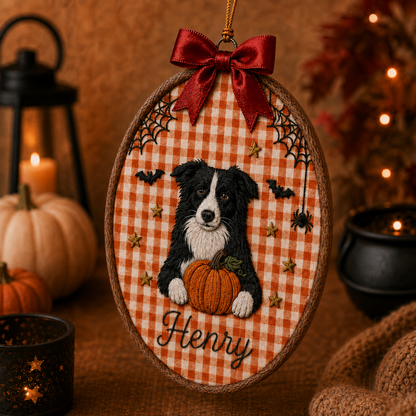 Personalized Embroidery Pet Photo Hoop Ornament Halloween Spooky Wall Decor