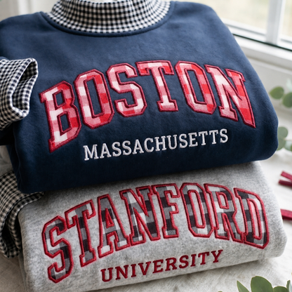 Embroidered Custom Gingham Mock Neck Sweatshirt, Personalized University Name Applique Crewneck