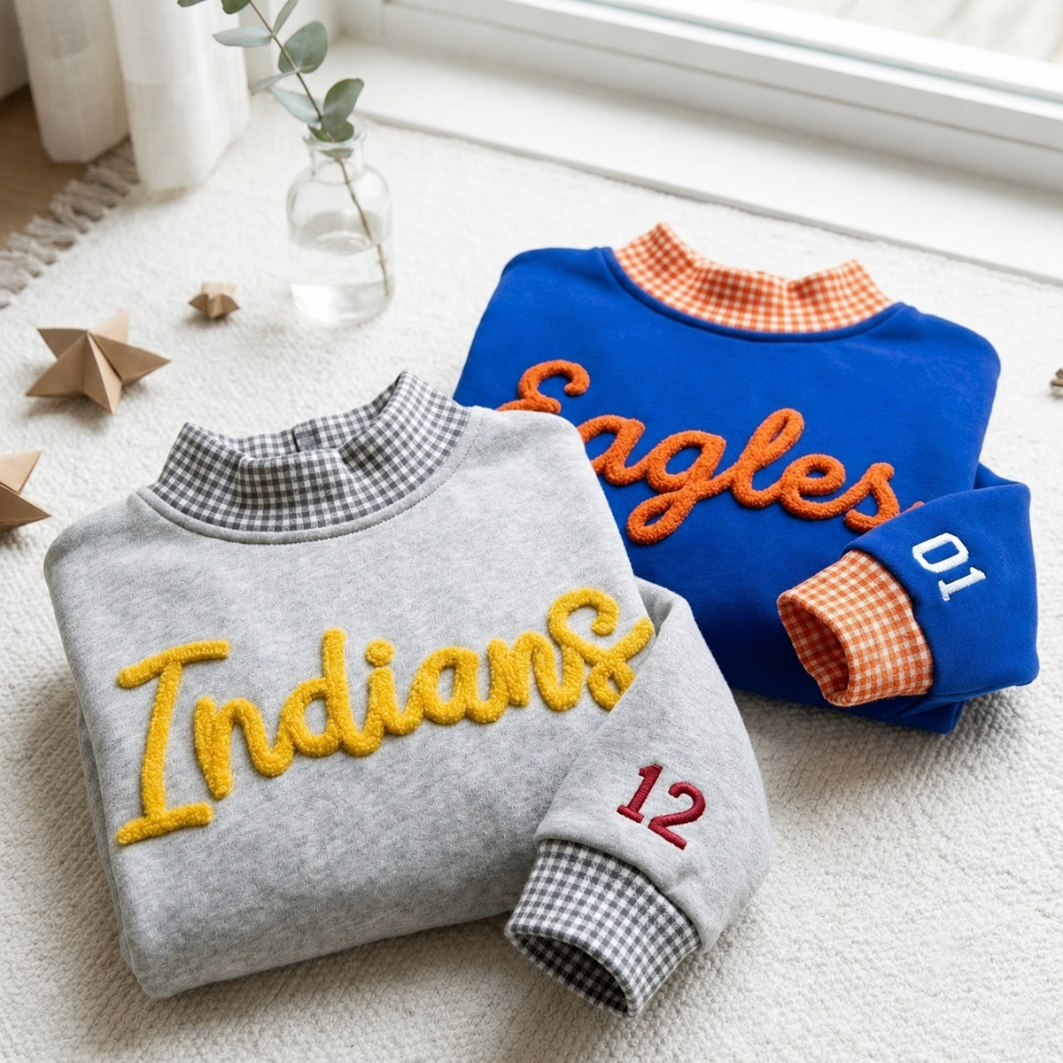 Personalized Wildcats Shirt, Custom School Name Gingham Mock Neck Sweatshirt