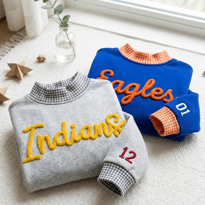 Personalized Wildcats Shirt, Custom School Name Gingham Mock Neck Sweatshirt