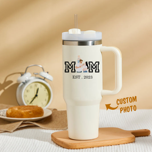 Mother's Day Personalized Text 40oz Insulated Mug with Handle and Straw Stainless Steel Custom Travel Cup Gift for Family Friends Couples