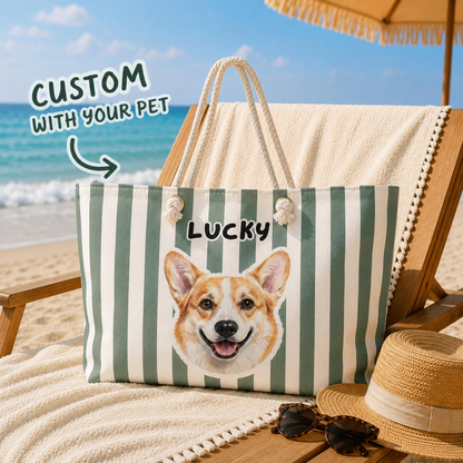 Personalized Cabana Stripe Beach Tote Bag, Custom Dog & Cat Photo Beach Bag with Name