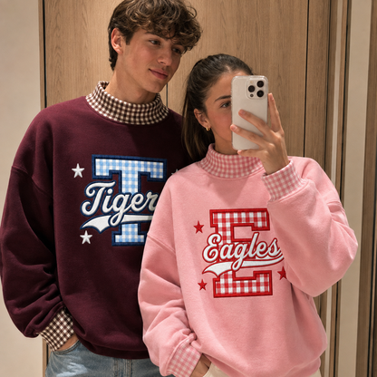 Personalized Gingham Mock Neck Sweatshirt, Custom University Name Applique Pullover