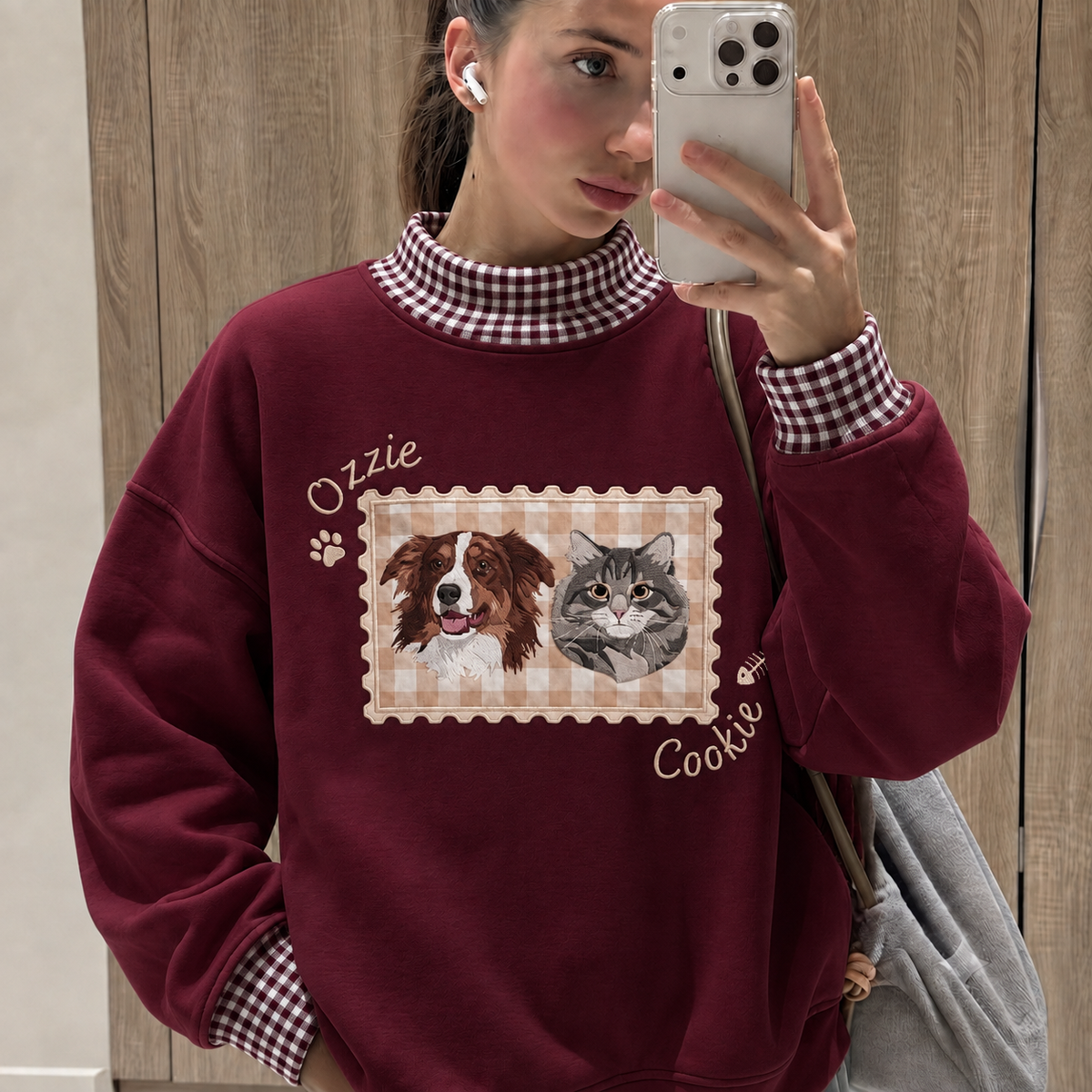 Embroidered Custom Pet Portrait Gingham Mock Neck Sweatshirt